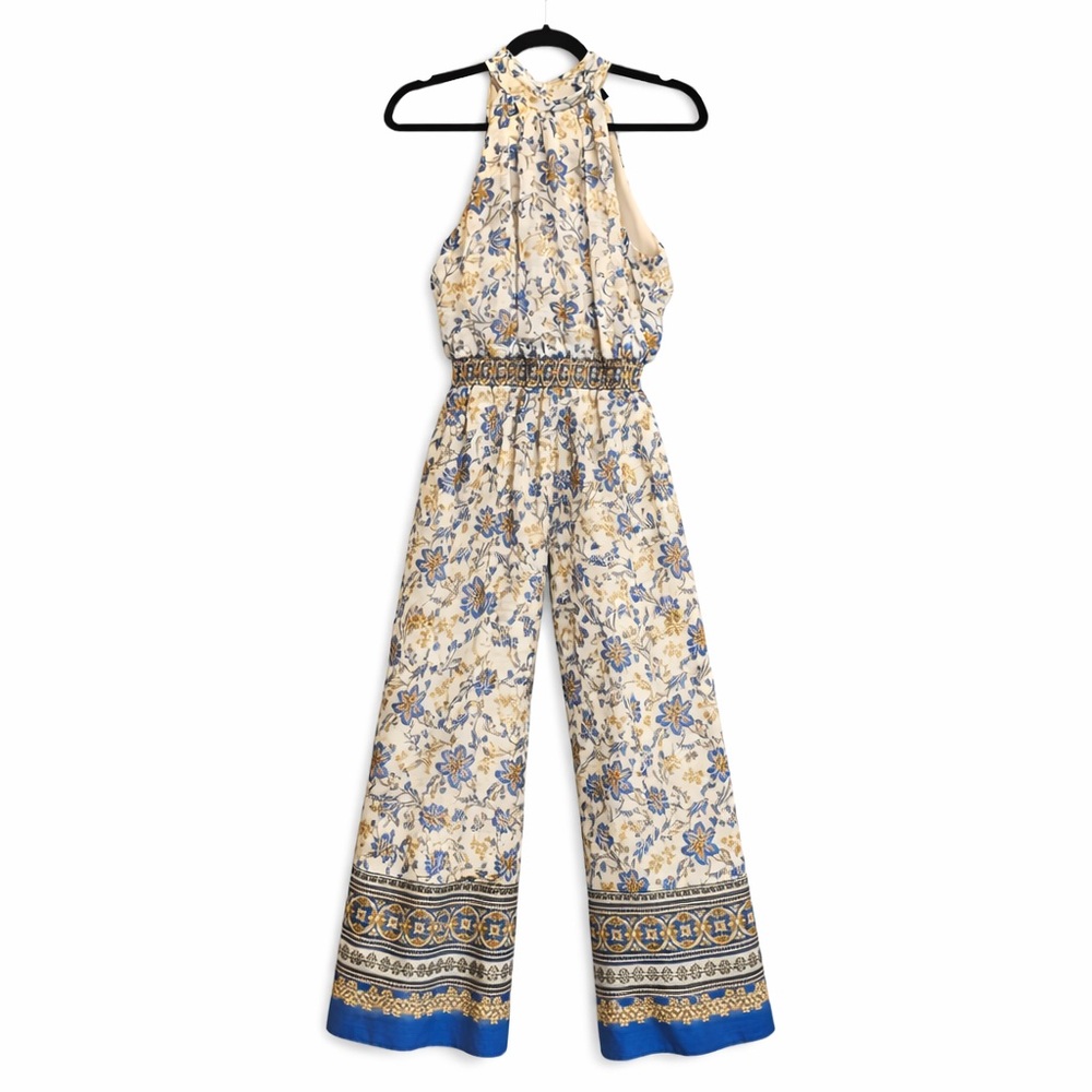 1.STATE Floral Halter Neck one piece PANTSUIT, Blue Cream Smocked Waist Size M